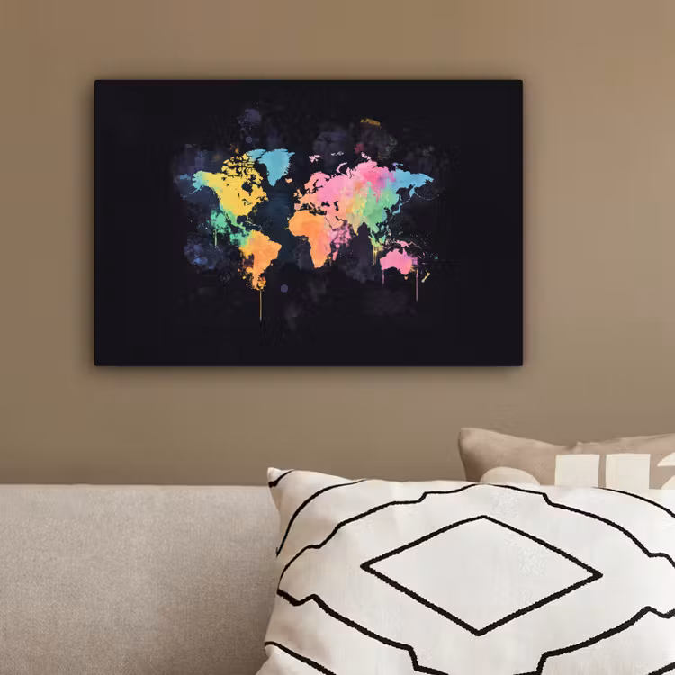 Neon - Pastel - Wereldkaart - Mistig canvas 2cm klein -sfeer3