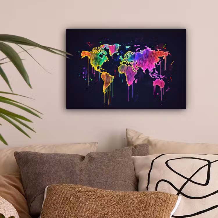 Neon - Wereldkaart - Kleur - Drip canvas 2cm klein -sfeer1