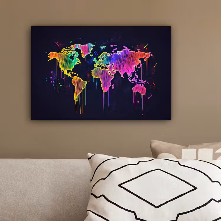 Neon - Wereldkaart - Kleur - Drip canvas 2cm klein -sfeer3