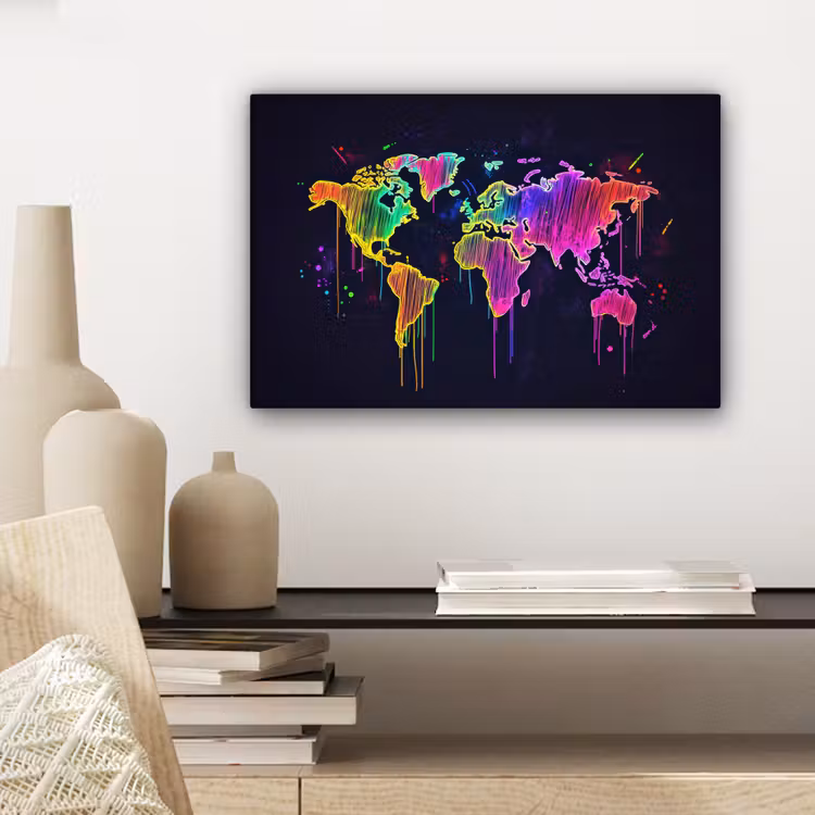 Neon - Wereldkaart - Kleur - Drip canvas 2cm klein -sfeer6
