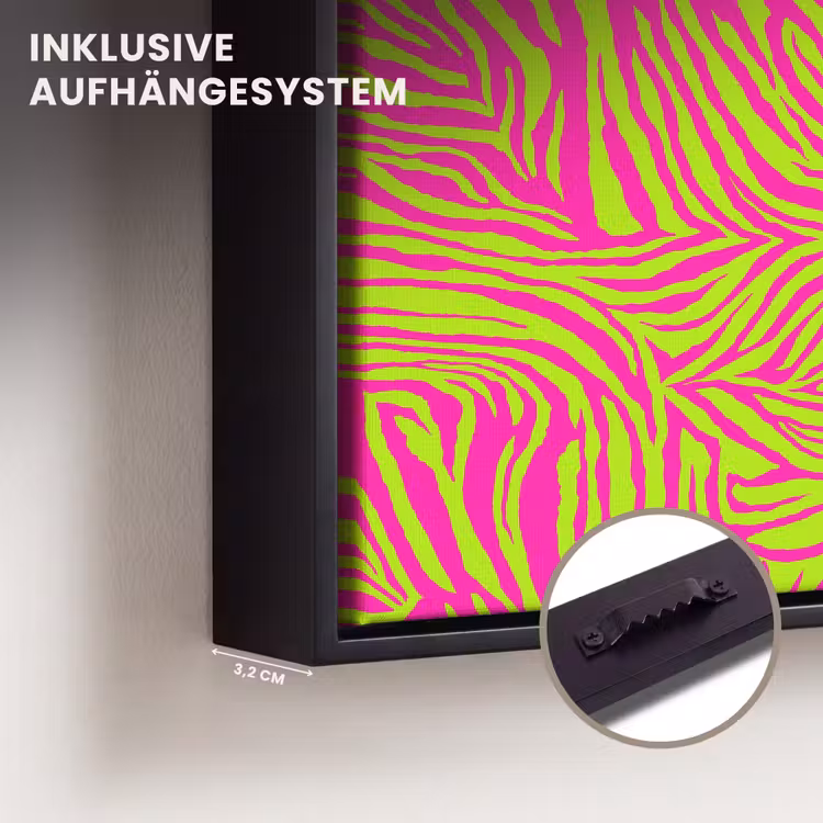 Neon - Zebra - Roze - Groen Canvas met baklijst klein 1124 -closeup_ophangsysteem_DE