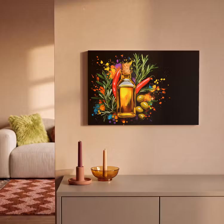 Olijfolie - Graffiti - Peper - Olijven - Modern canvas 2cm klein -sfeer1