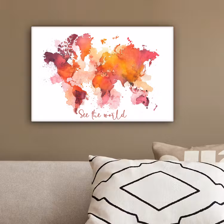 Oranje - Aquarel - Quote - Wereldkaart canvas 2cm klein -sfeer3