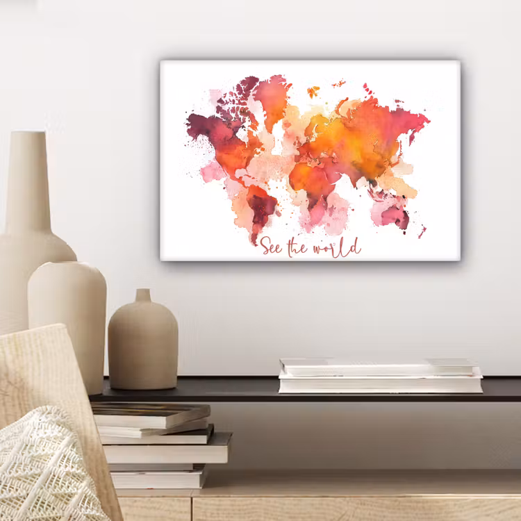 Oranje - Aquarel - Quote - Wereldkaart canvas 2cm klein -sfeer6
