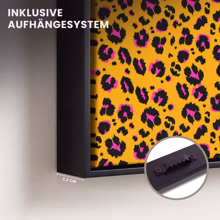 Oranje - Roze - Panterprint Canvas met baklijst klein 1124 -closeup_ophangsysteem_DE
