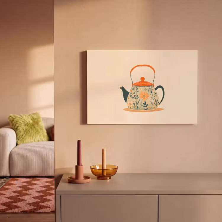 Oranje - Theepot - Bloemen - Bladeren canvas 2cm klein -sfeer1