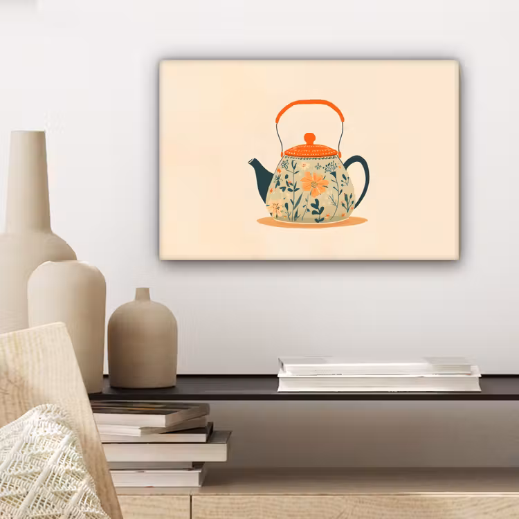 Oranje - Theepot - Bloemen - Bladeren canvas 2cm klein -closeup_print_DE