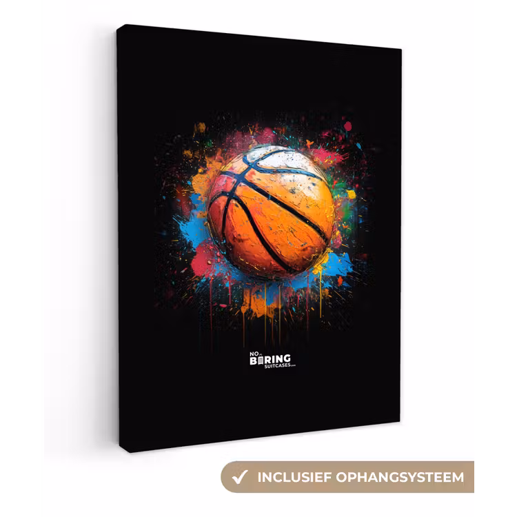 Oranje basketbal te midden van verfspetters canvas 2cm klein -3d