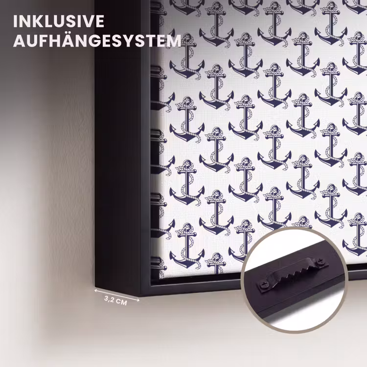 Oceaan - Anker - Blauw - Wit Canvas met baklijst klein 1124 -closeup_ophangsysteem_DE