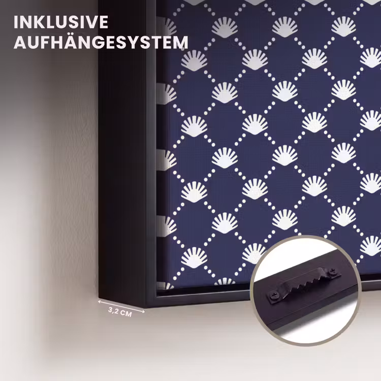 Oceaan - Schelp - Blauw - Wit Canvas met baklijst klein 1124 -closeup_ophangsysteem_DE
