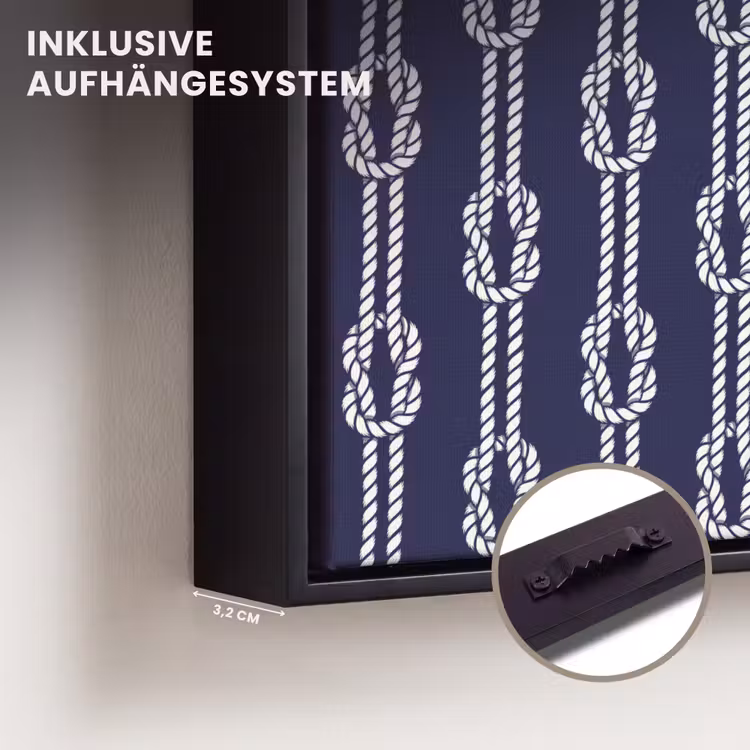 Oceaan - Touw - Blauw - Wit Canvas met baklijst klein 1124 -closeup_ophangsysteem_DE