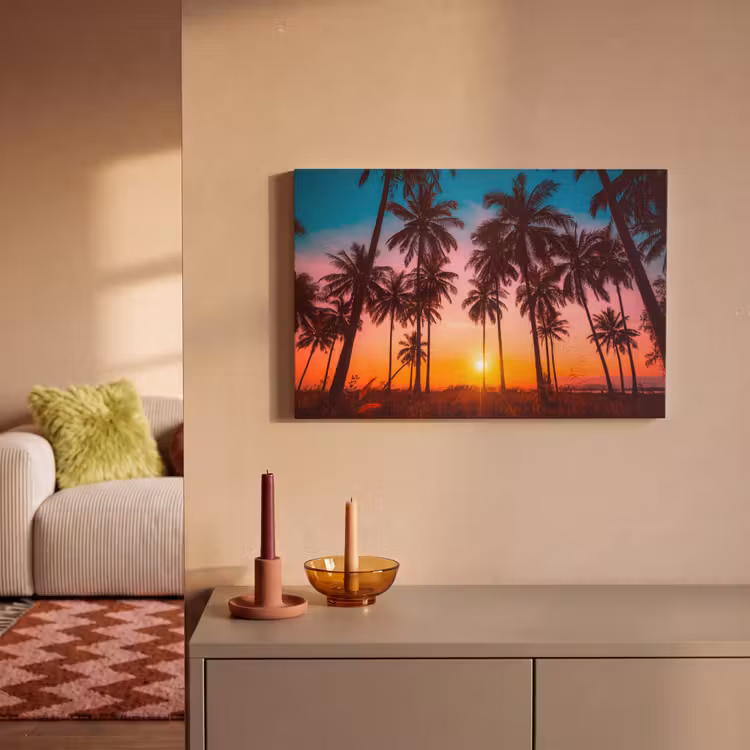 Palmboom - Zonsondergang - Horizon - Strand - Oranje - Roze canvas 2cm klein -sfeer1
