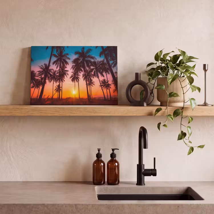 Palmboom - Zonsondergang - Horizon - Strand - Oranje - Roze canvas 2cm klein -sfeer3