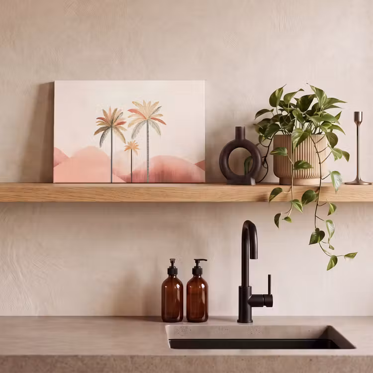 Palmbomen - Heuvels - Minimalistisch - Zachtroze canvas 2cm klein -sfeer3