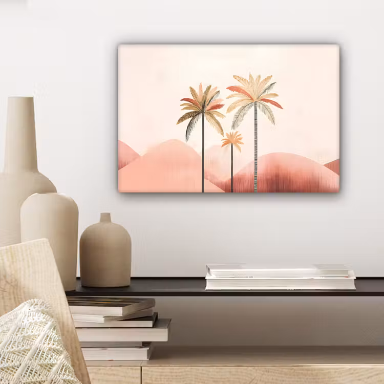 Palmbomen - Heuvels - Minimalistisch - Zachtroze canvas 2cm klein -sfeer6