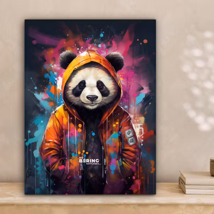Panda met oranje jas en verfspetters canvas 2cm klein -sfeer1