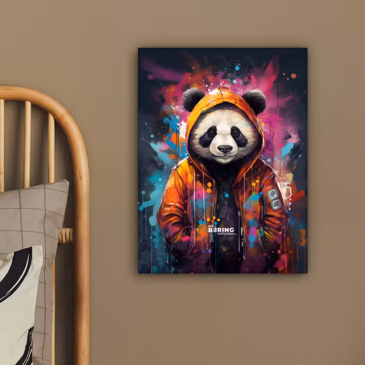 Panda met oranje jas en verfspetters canvas 2cm klein -sfeer3