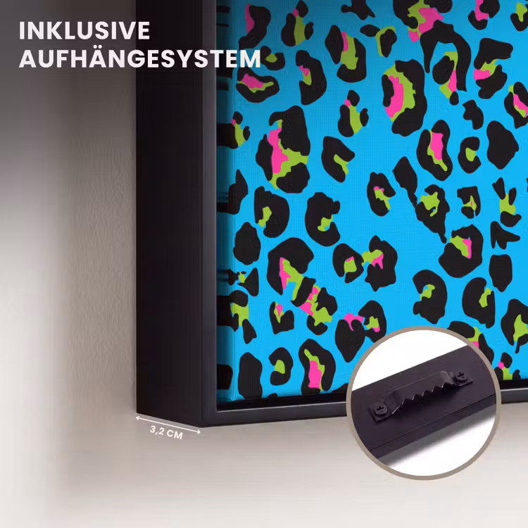 Panter - Blauw - Neon Canvas met baklijst klein 1124 -closeup_ophangsysteem_DE