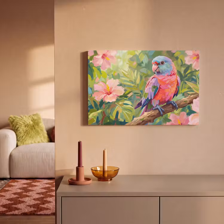 Papagaai - Hibiscusbloemen - Kleurrijk canvas 2cm klein -sfeer1