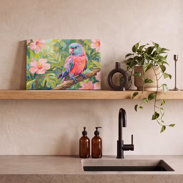 Papagaai - Hibiscusbloemen - Kleurrijk canvas 2cm klein -sfeer6