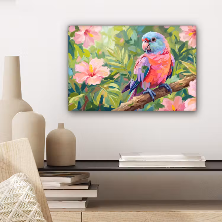 Papagaai - Hibiscusbloemen - Kleurrijk canvas 2cm klein -closeup_print_DE