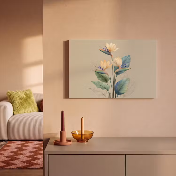 Paradijsvogelbloemen - Blauwgroene bladeren - Beige canvas 2cm klein -sfeer1