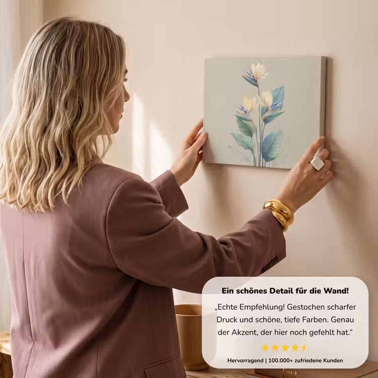 Paradijsvogelbloemen - Blauwgroene bladeren - Beige canvas 2cm klein -sfeer3