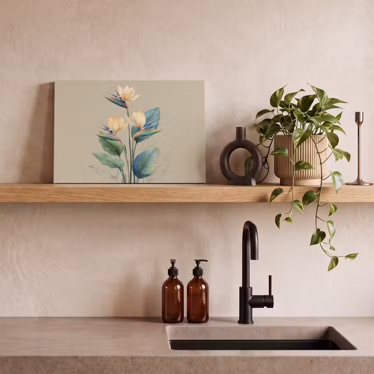 Paradijsvogelbloemen - Blauwgroene bladeren - Beige canvas 2cm klein -closeup_print_DE