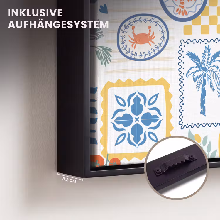 Patroon - Illustraties - Mediterraans Canvas met baklijst klein 1124 -closeup_ophangsysteem_DE