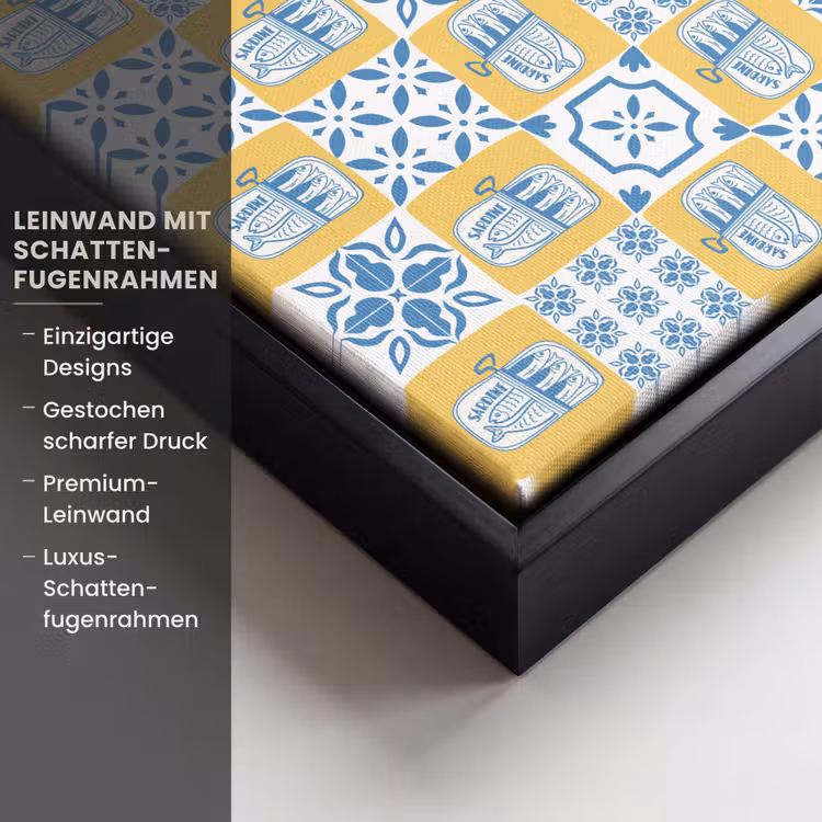 Patroon - Tegel - Geel - Blauw Canvas met baklijst klein 1124 -uniquesellingpoint_productkenmerken_DE