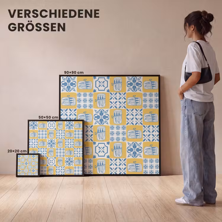 Patroon - Tegel - Geel - Blauw Canvas met baklijst klein 1124 -comparison_formatenoverzicht_DE