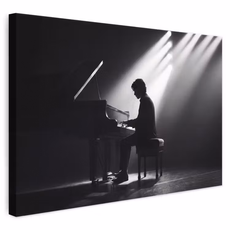 Persoon - Piano - Muziek - Zwart-wit - Podium canvas 2cm klein -3d
