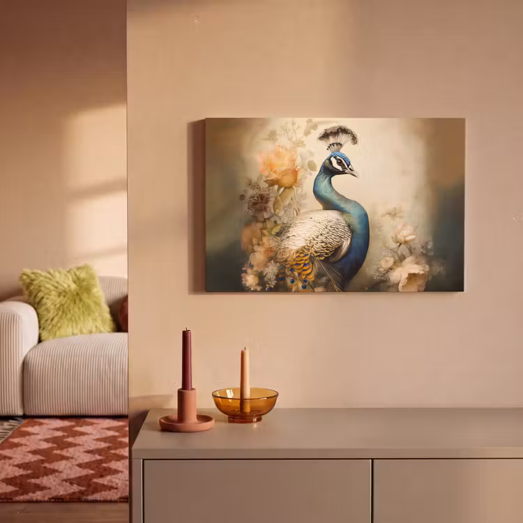 Pauw - Pauwenveren - Bloemen - Vogels - Botanisch canvas 2cm klein -sfeer1