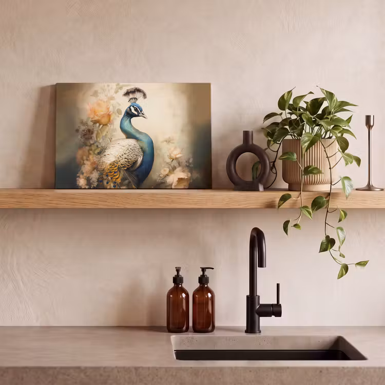 Pauw - Pauwenveren - Bloemen - Vogels - Botanisch canvas 2cm klein -sfeer6