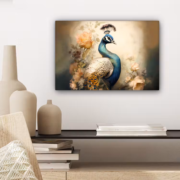 Pauw - Pauwenveren - Bloemen - Vogels - Botanisch canvas 2cm klein -closeup_print_DE