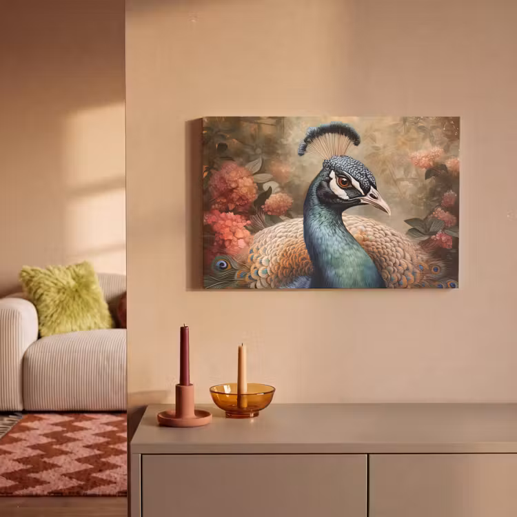 Pauw - Vogel - Bloemen - Planten - Pauwenveren canvas 2cm klein -sfeer1