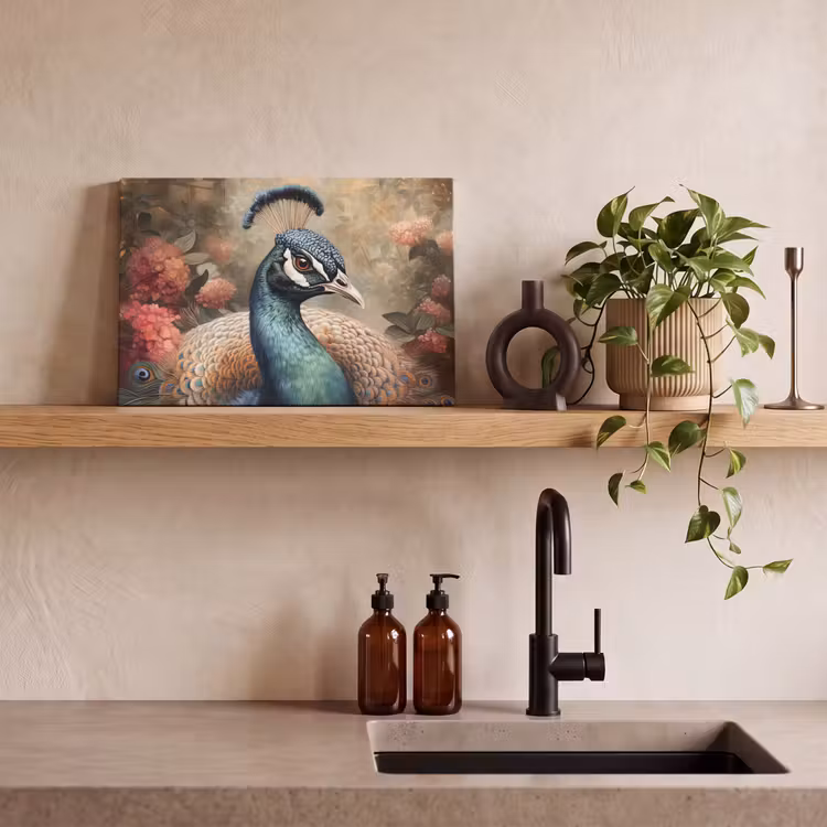 Pauw - Vogel - Bloemen - Planten - Pauwenveren canvas 2cm klein -sfeer3