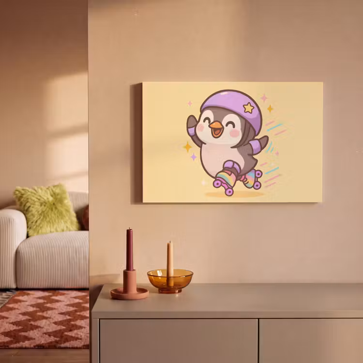 Pinguïn - Rolschaatsen - Geel - Energiek canvas 2cm klein -sfeer1