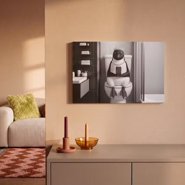 Pinguïn - Telefoon - Toilet - Zwart - Wit canvas 2cm klein -sfeer1