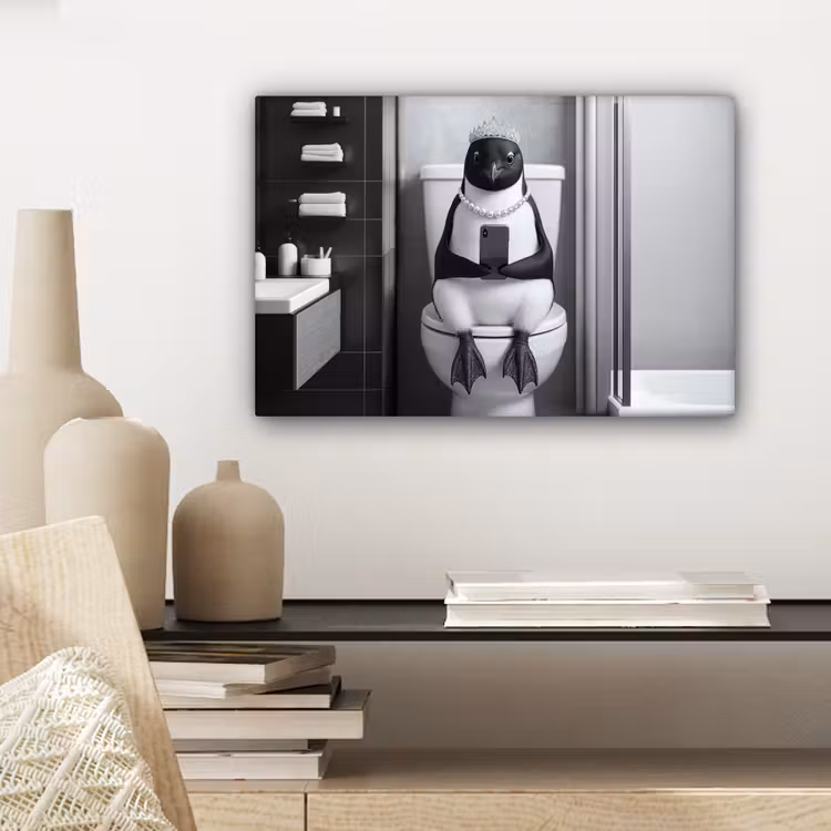 Pinguïn - Telefoon - Toilet - Zwart - Wit canvas 2cm klein -closeup_print_DE
