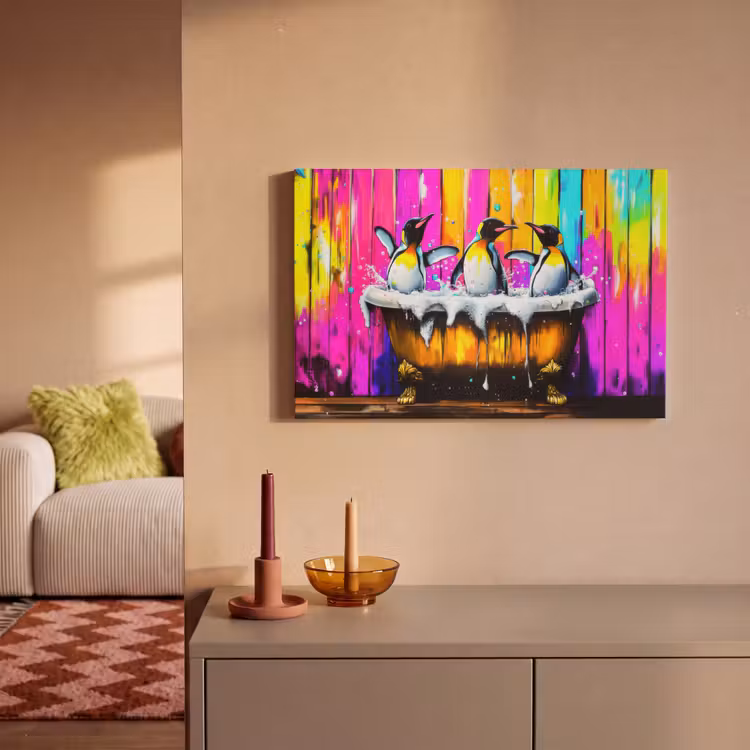 Pinguïns - Badkuip - Kleurrijk - Schuim canvas 2cm klein -sfeer1