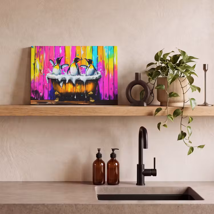 Pinguïns - Badkuip - Kleurrijk - Schuim canvas 2cm klein -sfeer3