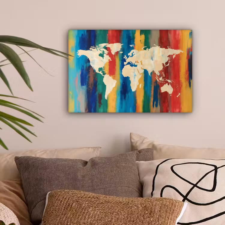 Penseelstrepen - Verticaal - Kleurrijk - Wereldkaart canvas 2cm klein -sfeer1
