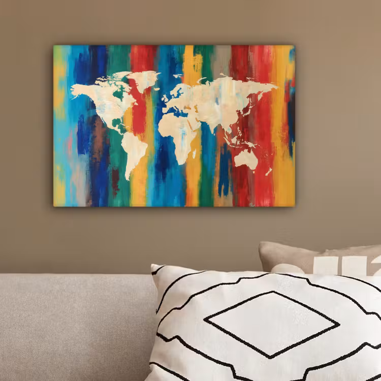 Penseelstrepen - Verticaal - Kleurrijk - Wereldkaart canvas 2cm klein -sfeer6