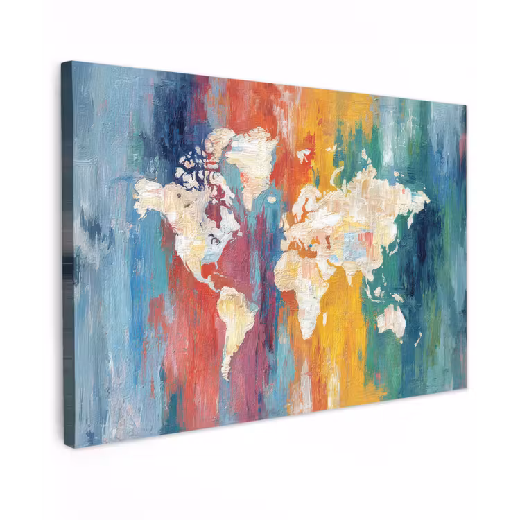 Penseelstreken - Kleurrijk - Schilderij - Wereldkaart canvas 2cm klein -z3d