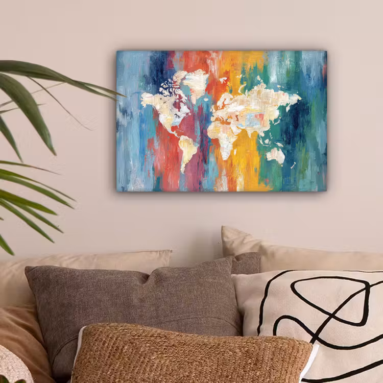Penseelstreken - Kleurrijk - Schilderij - Wereldkaart canvas 2cm klein -sfeer1