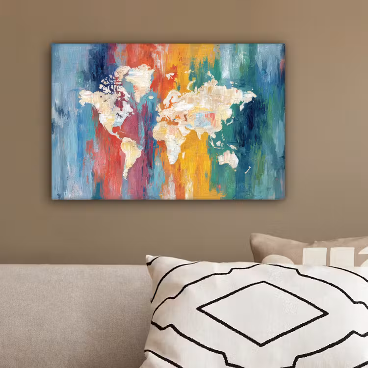Penseelstreken - Kleurrijk - Schilderij - Wereldkaart canvas 2cm klein -sfeer3