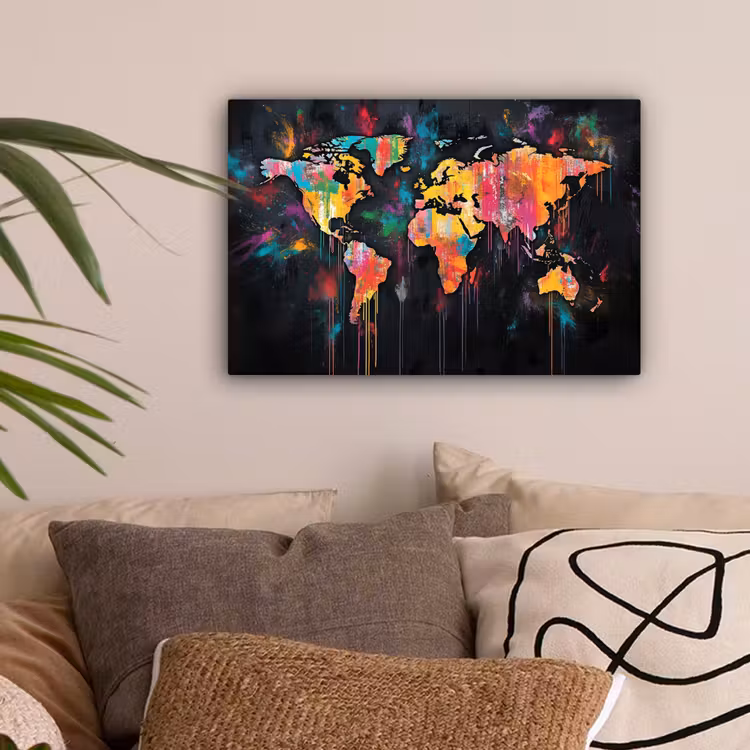 Penseelstreken - Artistiek - Wereldkaart - Kleurrijk canvas 2cm klein -sfeer1