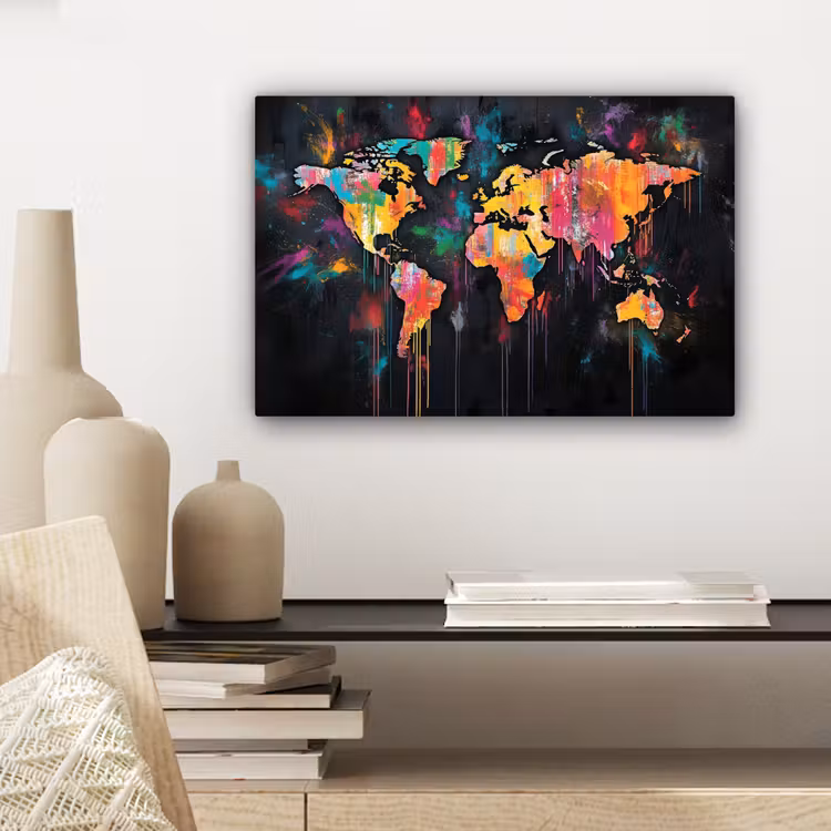 Penseelstreken - Artistiek - Wereldkaart - Kleurrijk canvas 2cm klein -sfeer6