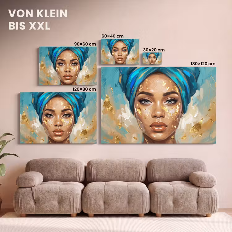 Portret - Vrouw - Schilderij - Blauw - Goud - Expressief canvas 2cm klein -Xsfeer8_DE